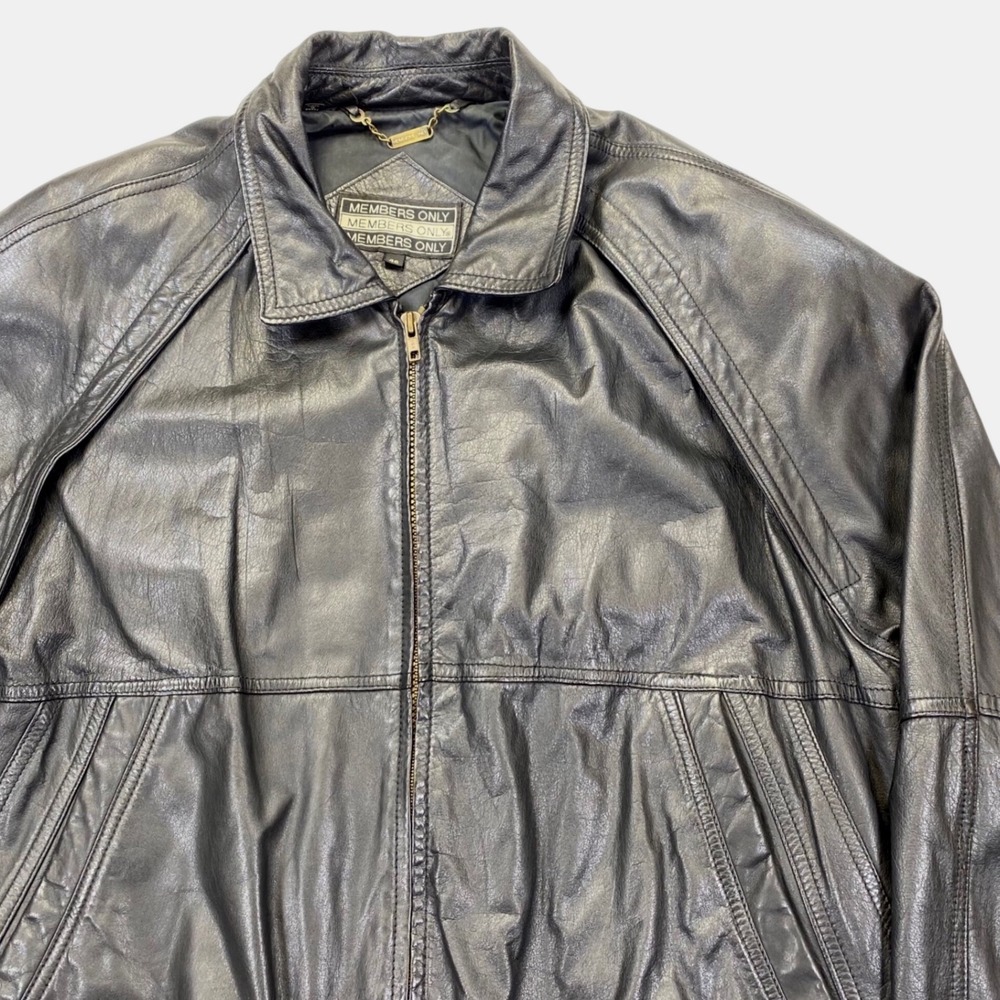 Members Only Leather Bomber Jacket Mens 46 Black Vintage Full Zip Raglan Sleeve